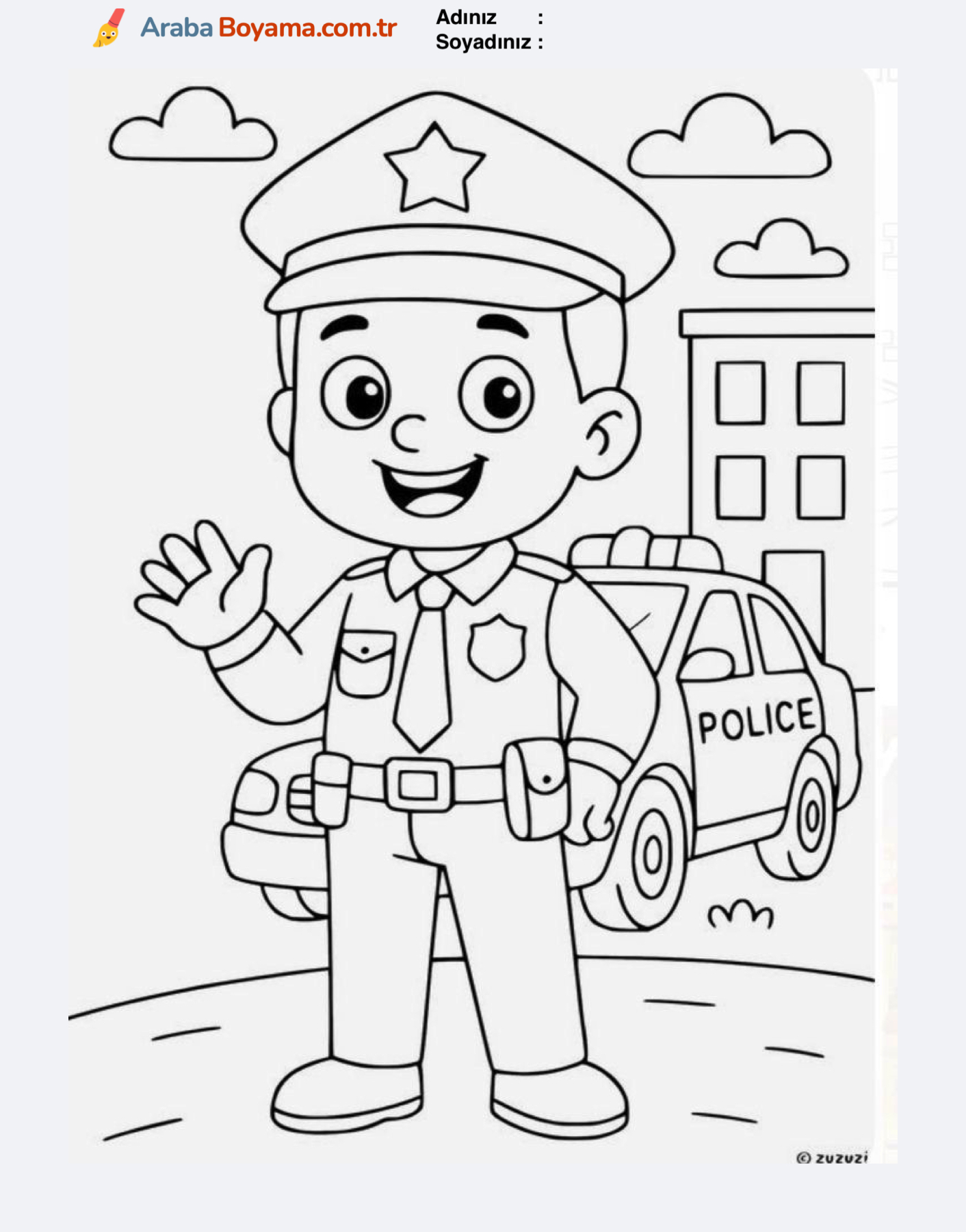 Çocuk ve Polis Arabası Boyama